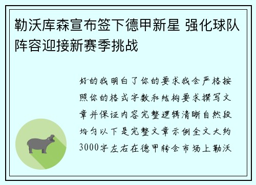 勒沃库森宣布签下德甲新星 强化球队阵容迎接新赛季挑战